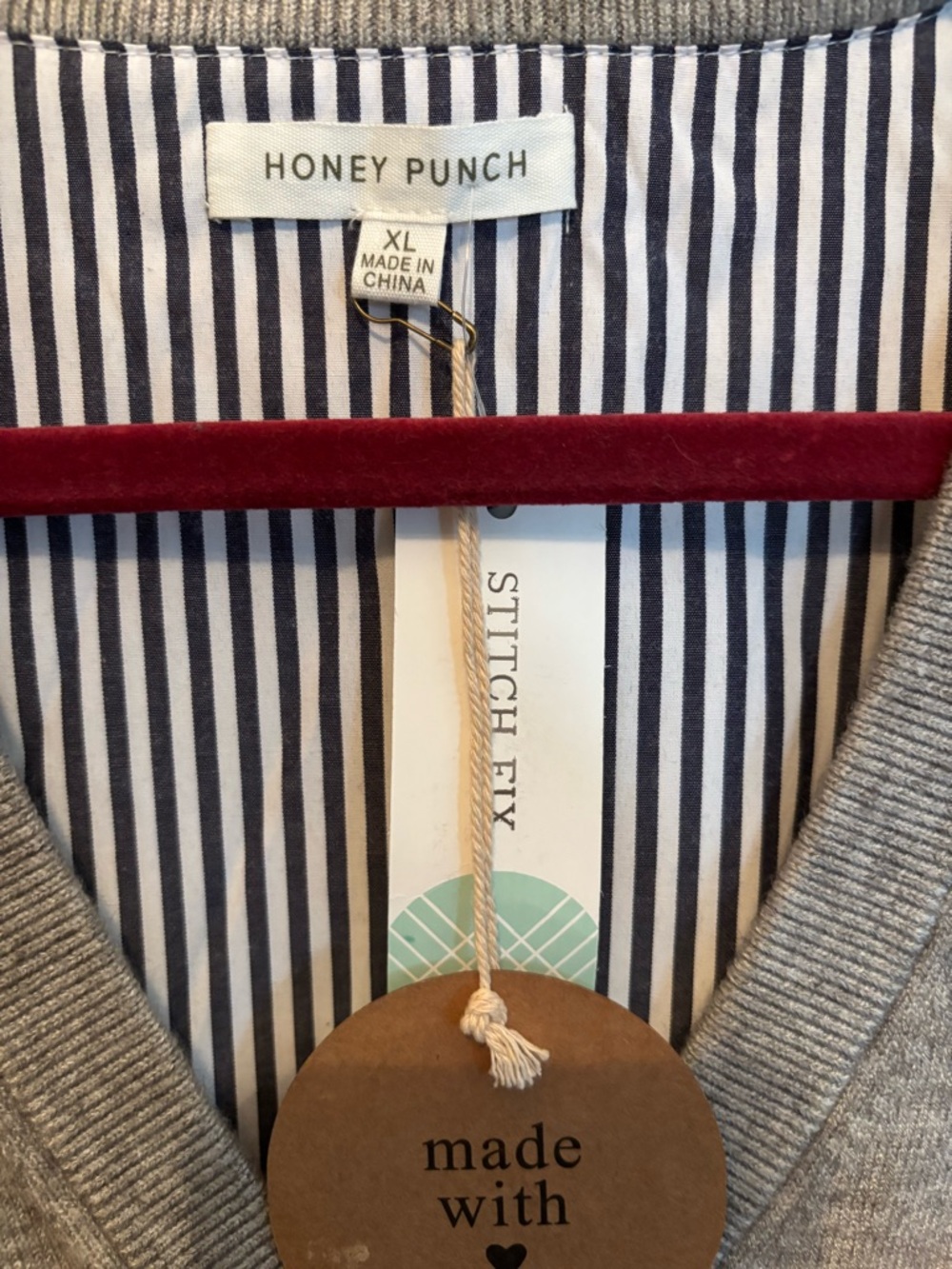 Honey Punch Gray V-Neck Sweater with Striped Hem - Picture 3 of 6